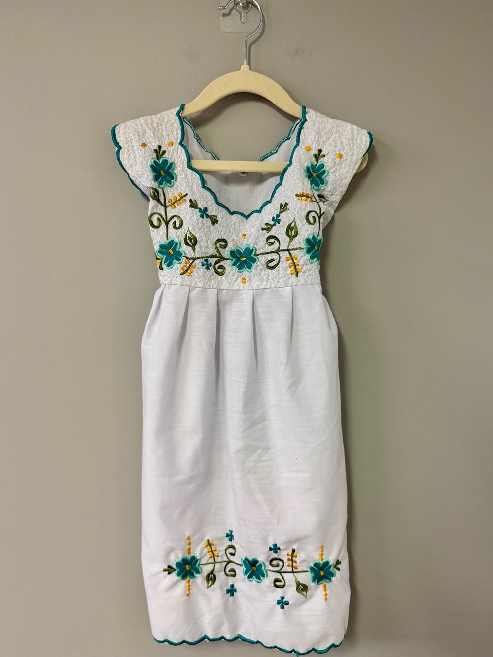 White Kids Dress with Teal Floral Embroidery
